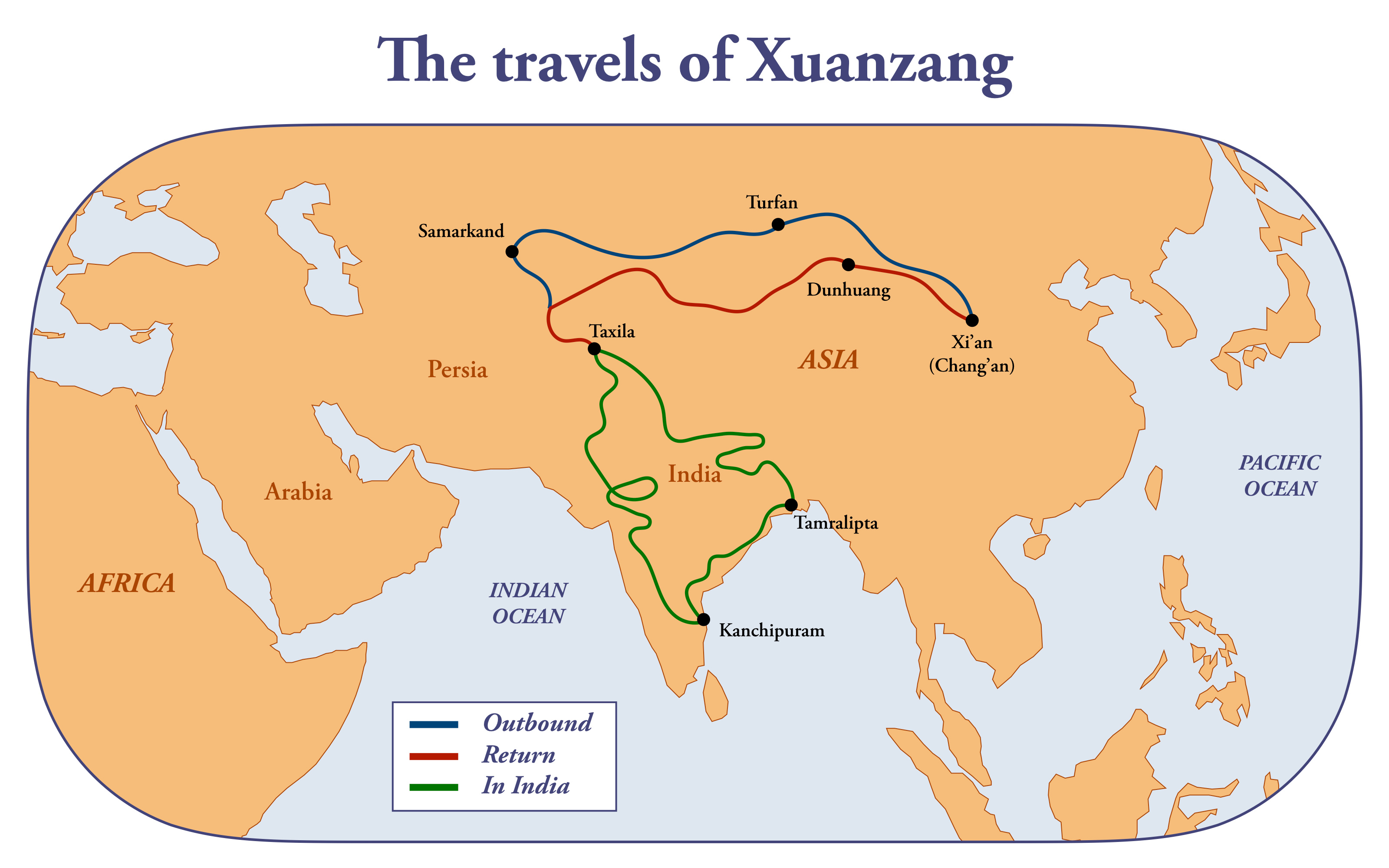 Map of Xuan Zang's travels across Central Asia and India, 629–645 CE